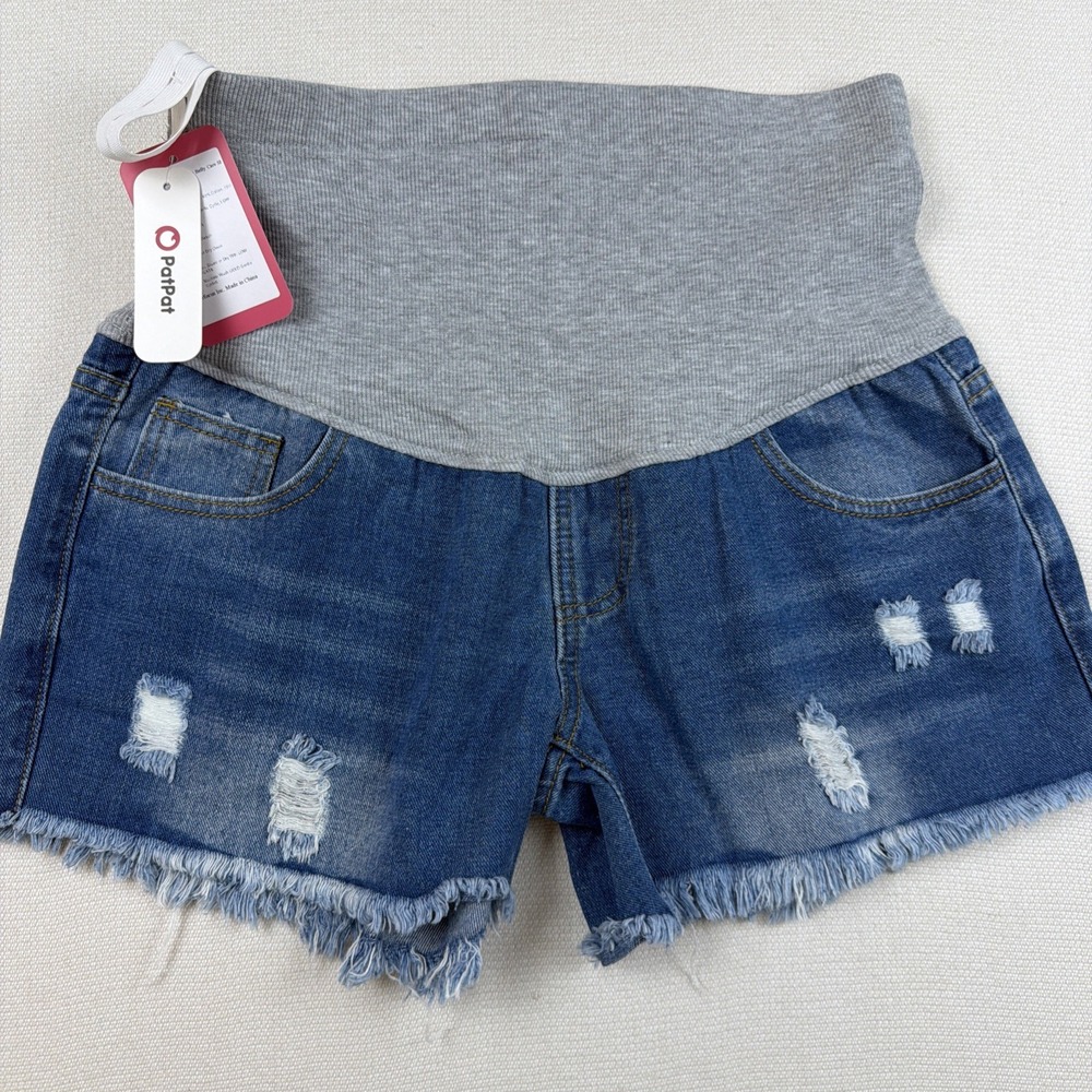 Maternity Jean Denim Shorts Size XL* Knit Panel Distressed Raw Hem NWT by PatPat